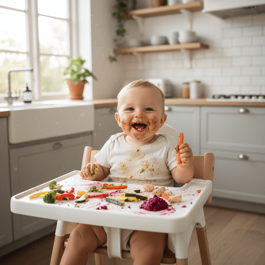 Baby på 8 måneder som utforsker fingerfood på en skandinavisk kjøkkenstol