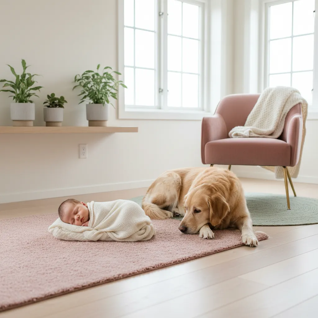 Nyfødt baby og en rolig golden retriever som ligger ved siden av hverandre på et teppe
