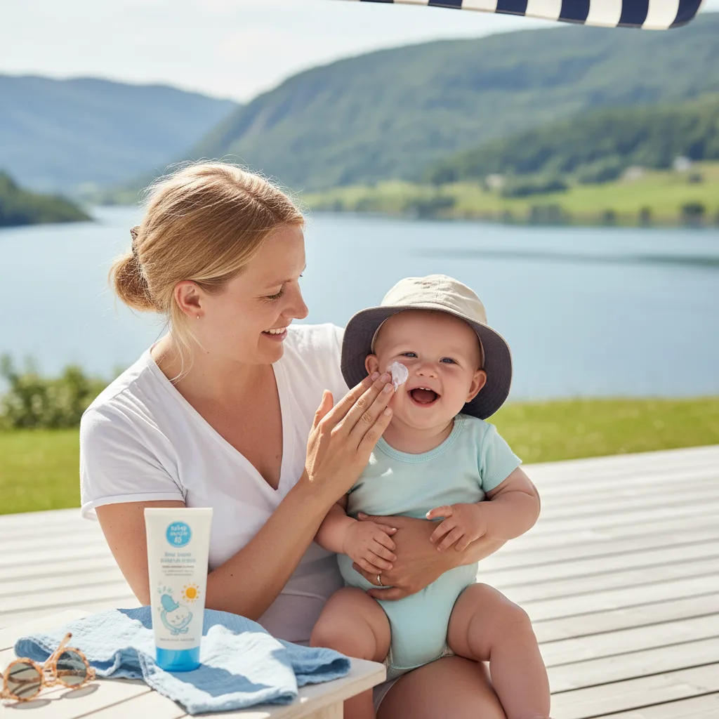 Baby i solhatt under parasoll på en norsk sommerdag
