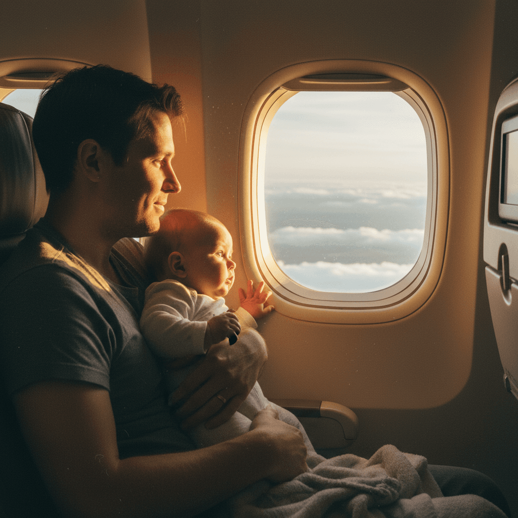 Forelder med baby på flyplassen i Norge med reiseutstyr