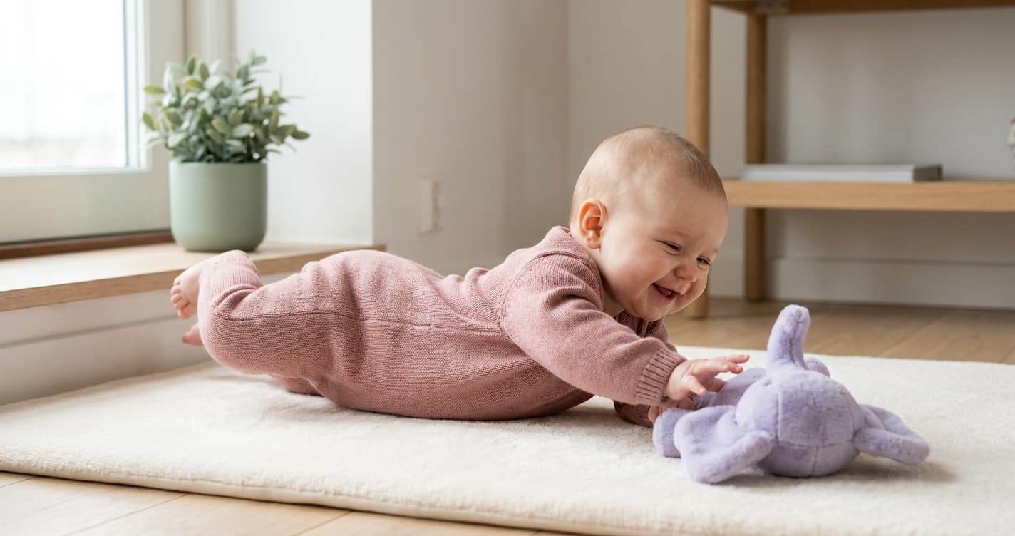 Smilende baby på 5 måneder ruller seg fra rygg til mage på gulvteppet