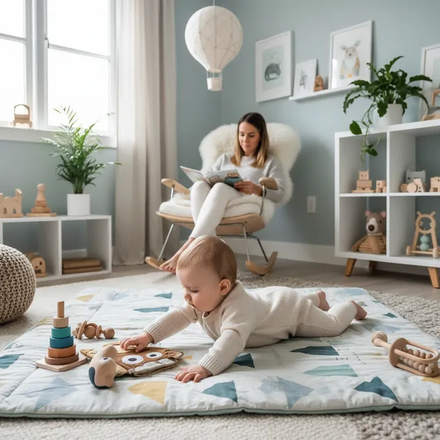 Baby som sitter med puter rundt seg og leker med fargerike leker på gulvet