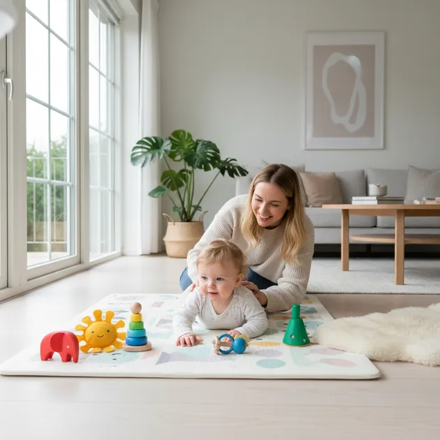 Baby som ligger på magen og prøver å rulle seg over på en myk lekematte