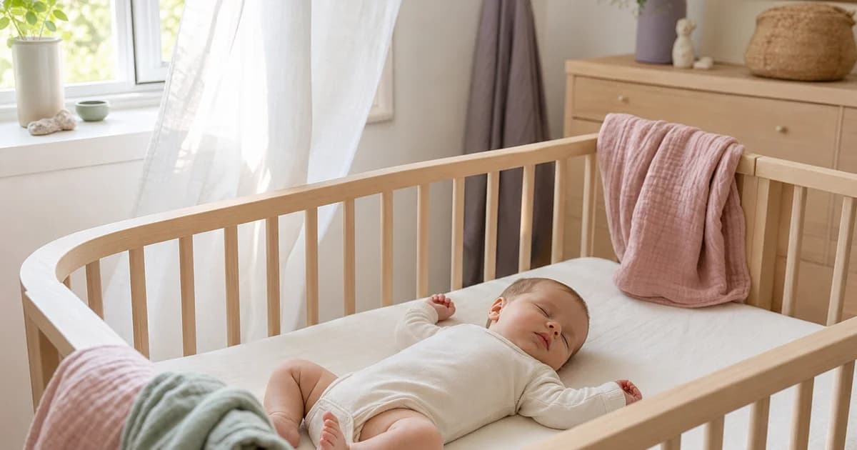 Baby sover trygt i lett bomullsbody i lyst nordisk soverom med åpent vindu