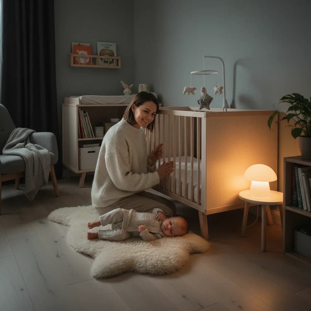 Forelder som holder babyen nært i et rolig barnerom med dempet lys