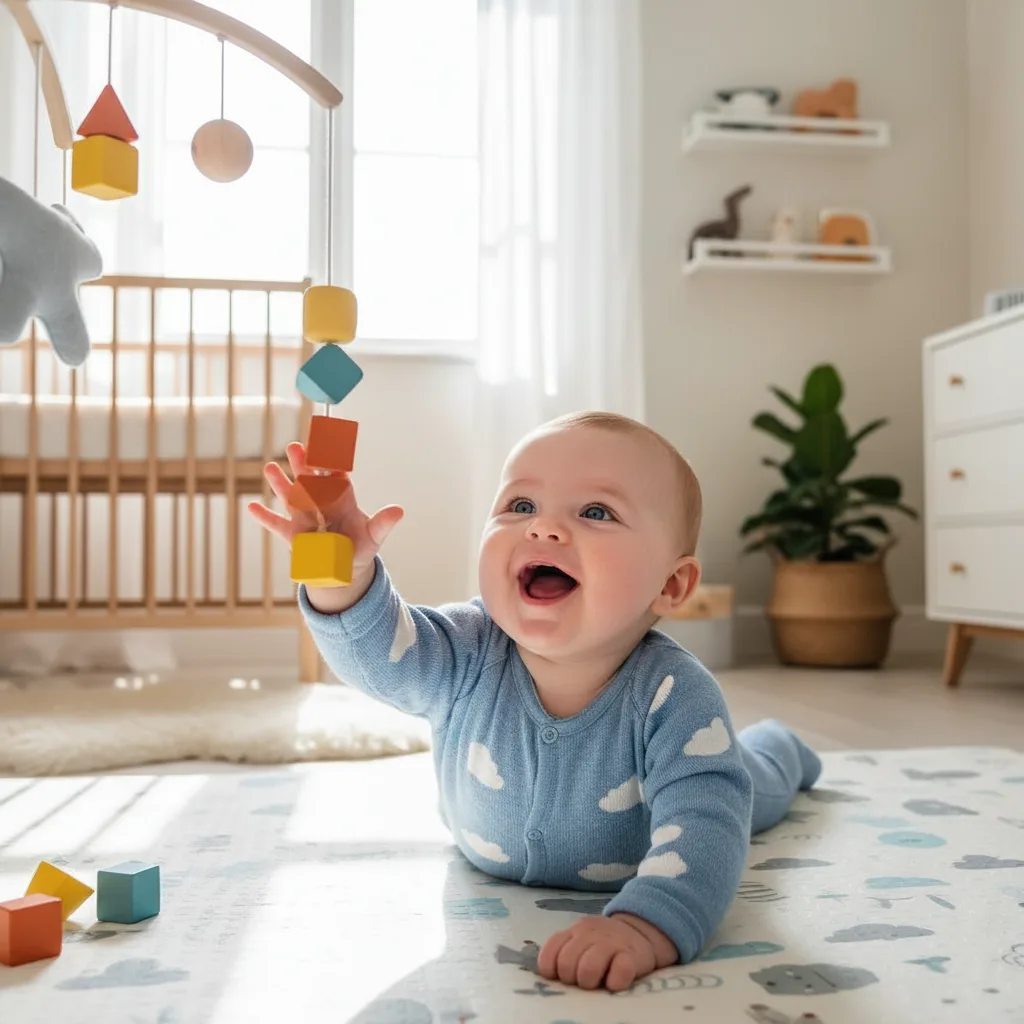 Smilende 3 måneder gammel baby som ligger på magen og løfter hodet