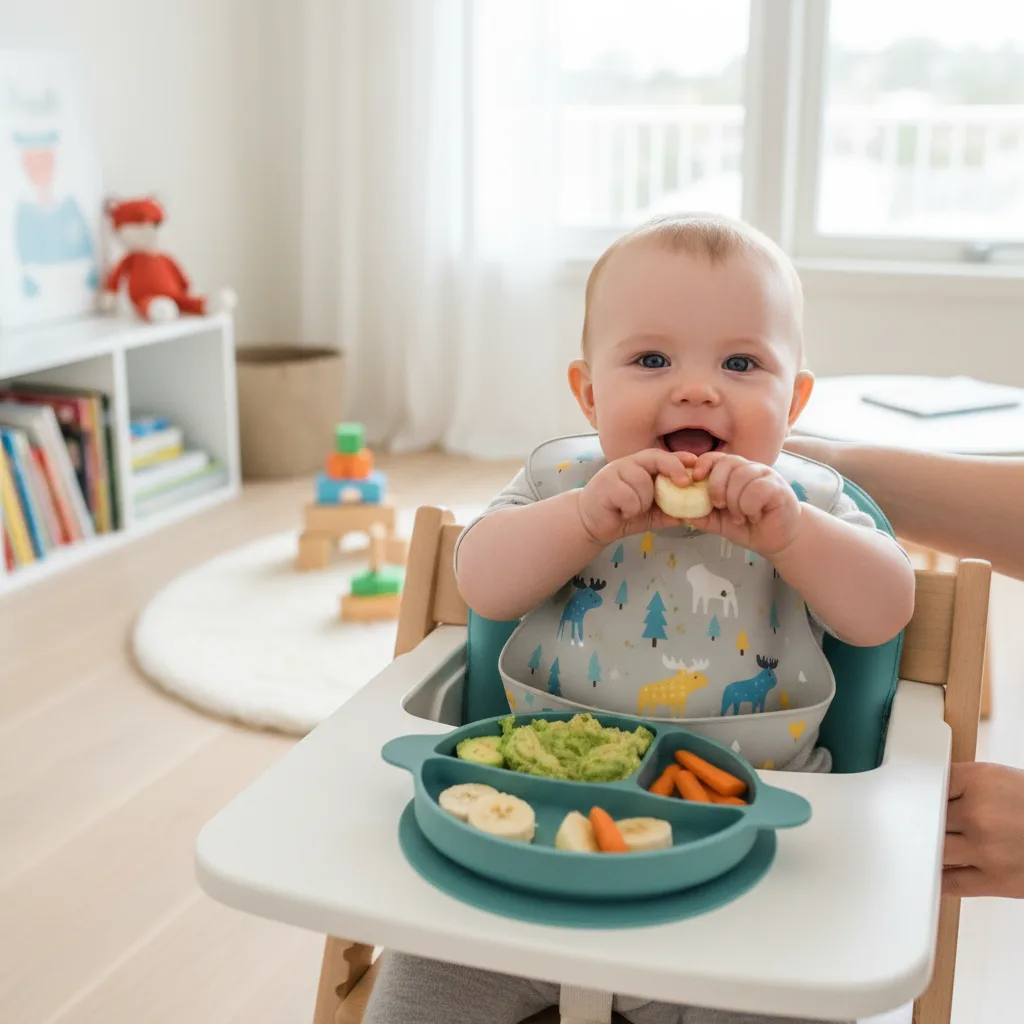 6 måneder gammel baby som sitter med støtte og utforsker mat på høystolbrettet