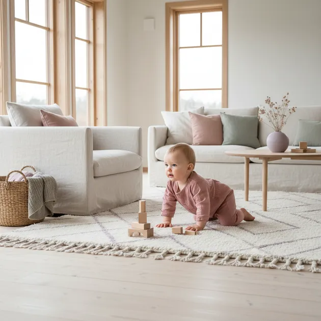 9 måneder gammel baby som krabber på gulvet i et trygt og barnesikret hjem