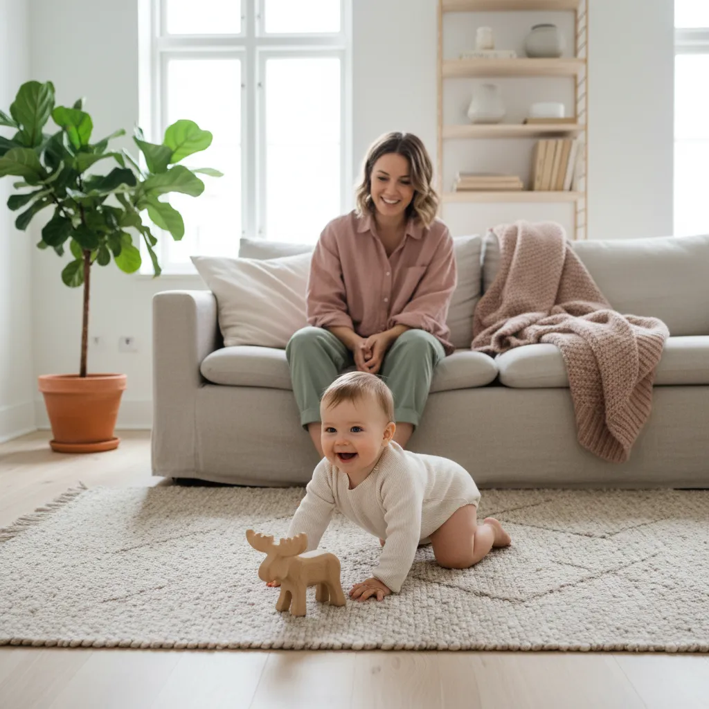 Smilende baby som øver på å krabbe på et mykt teppe i skandinavisk stue