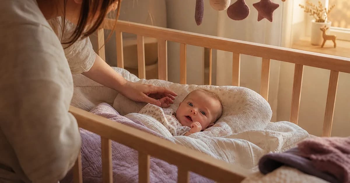 Baby som er lysvåken i sengen i tidlig morgenlys mens forelderen er trøtt