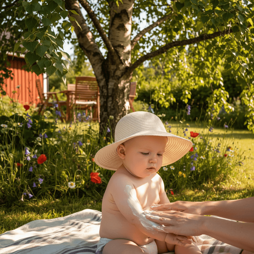 Baby i solhatt og UV-klær i skyggen under et tre på en norsk sommerdag