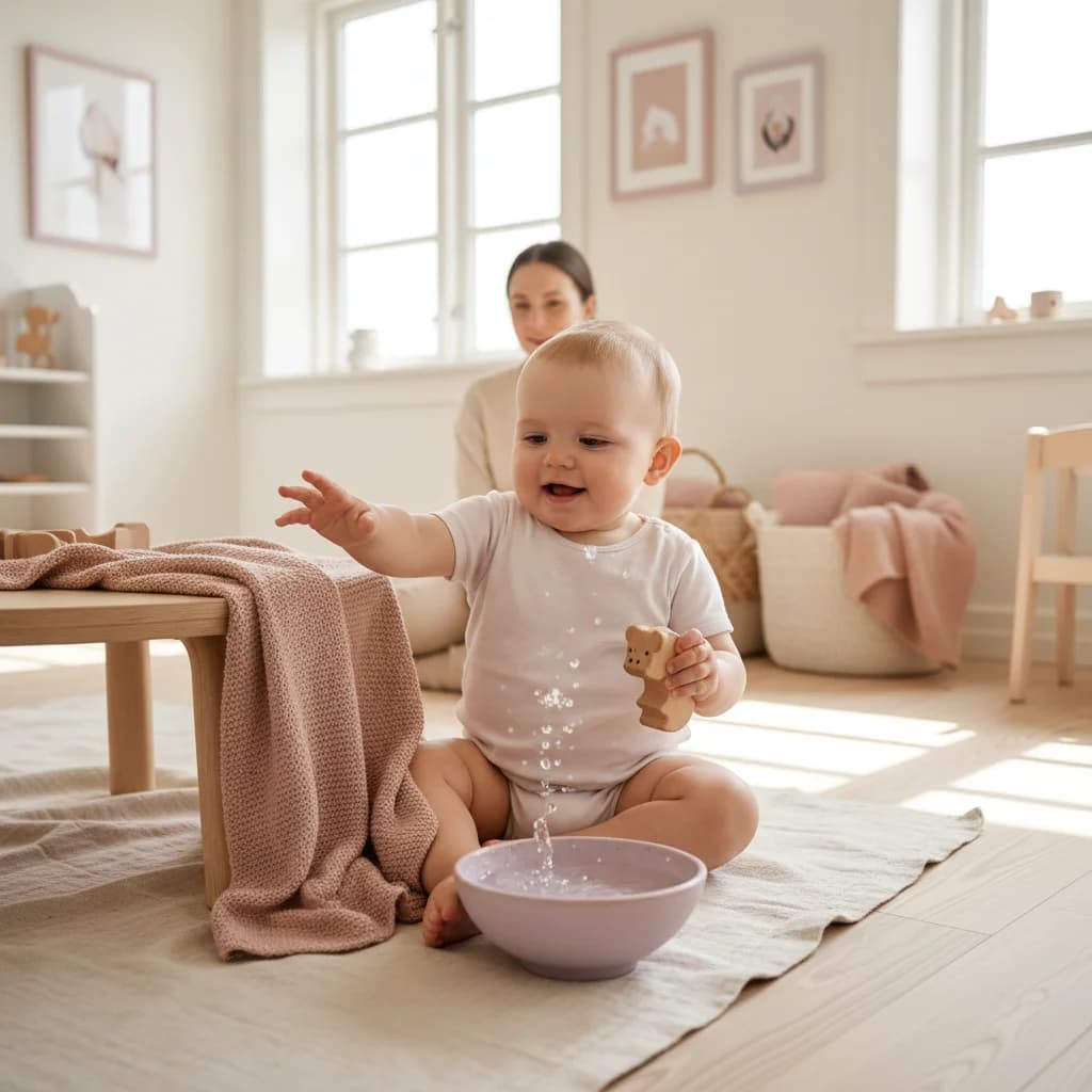 Baby som utforsker fargerikt sanseleketøy med konsentrert blikk