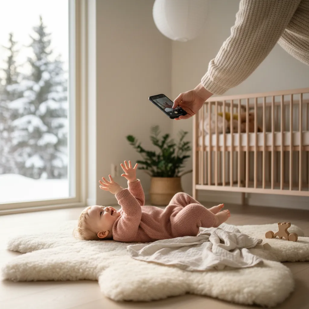 Forelder tar bilde av smilende baby som ligger på et mykt teppe i naturlig vinduslys