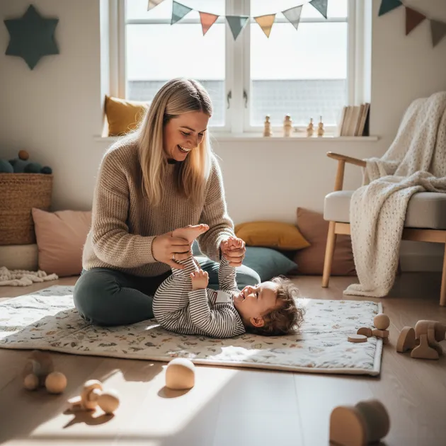 Baby som leker på babygym med fargerike leker