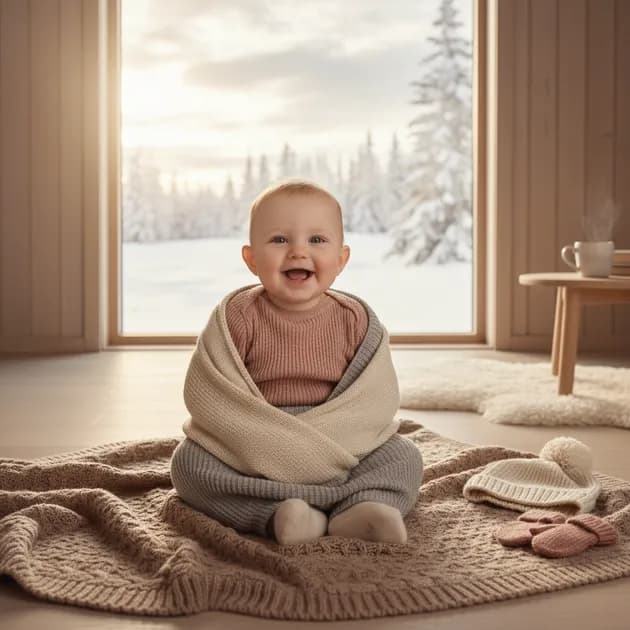 Baby kledd i ullklær og lue som ligger klar for en tur i barnevognen en høstdag