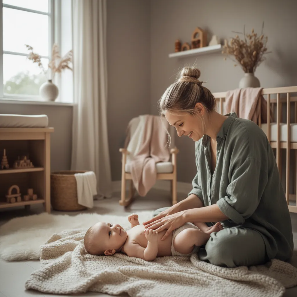 Mor som masserer babyen forsiktig på stellematte i lyst skandinavisk hjem