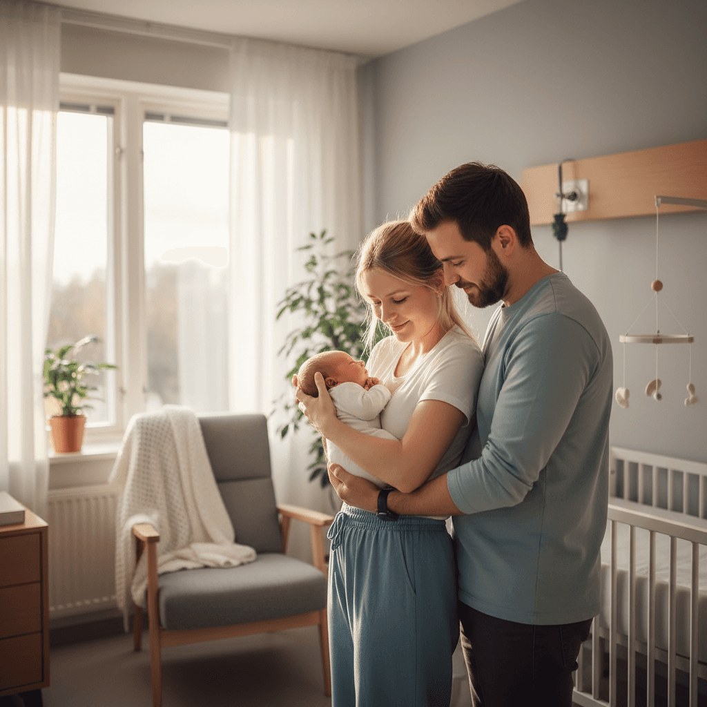 Foreldre holder nyfødt baby i armene i et varmt, lyst rom