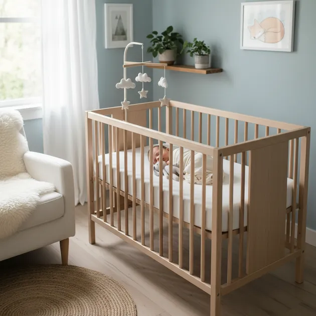 Nyfødt baby som ligger trygt på ryggen i et babynest på foreldrenes seng