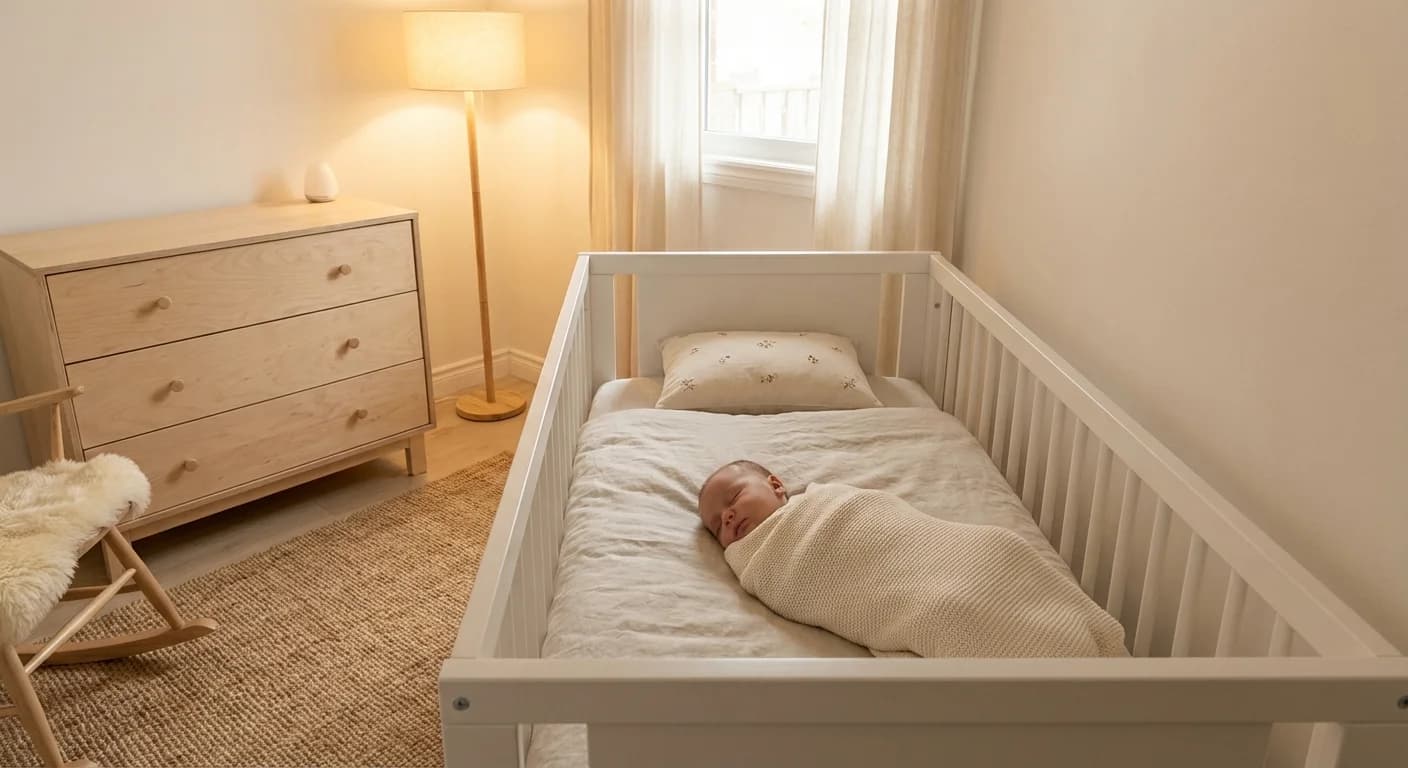Baby som sover trygt på ryggen i en hvit sprinkelseng med pustende madrass