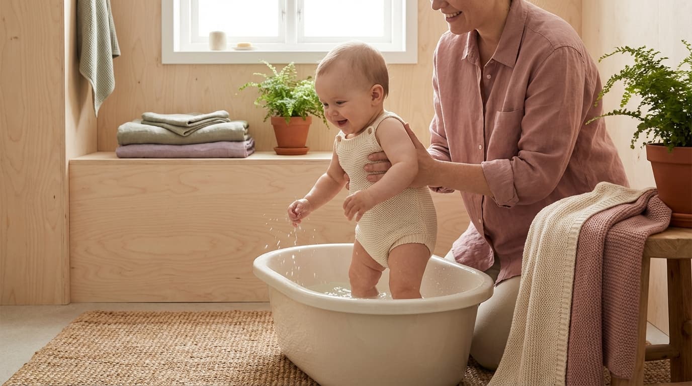 Baby som koser seg i et varmt babybad med forelder ved siden av