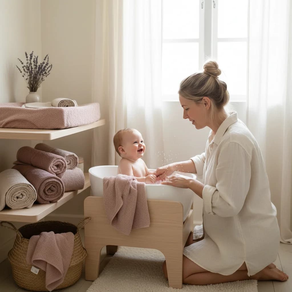 Baby i babybadekar med behagelig varmt vann