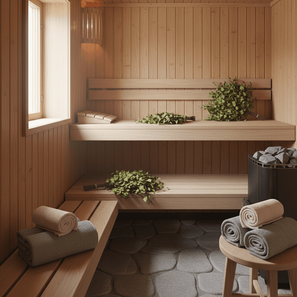 Gravid kvinne som slapper av i et nordisk spa med dempet belysning