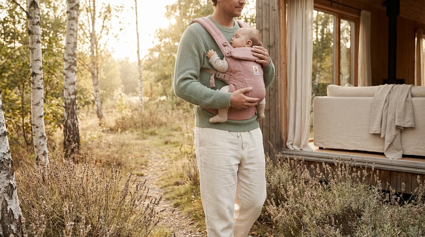 Forelder med baby i ergonomisk bæresele på tur ute i naturen