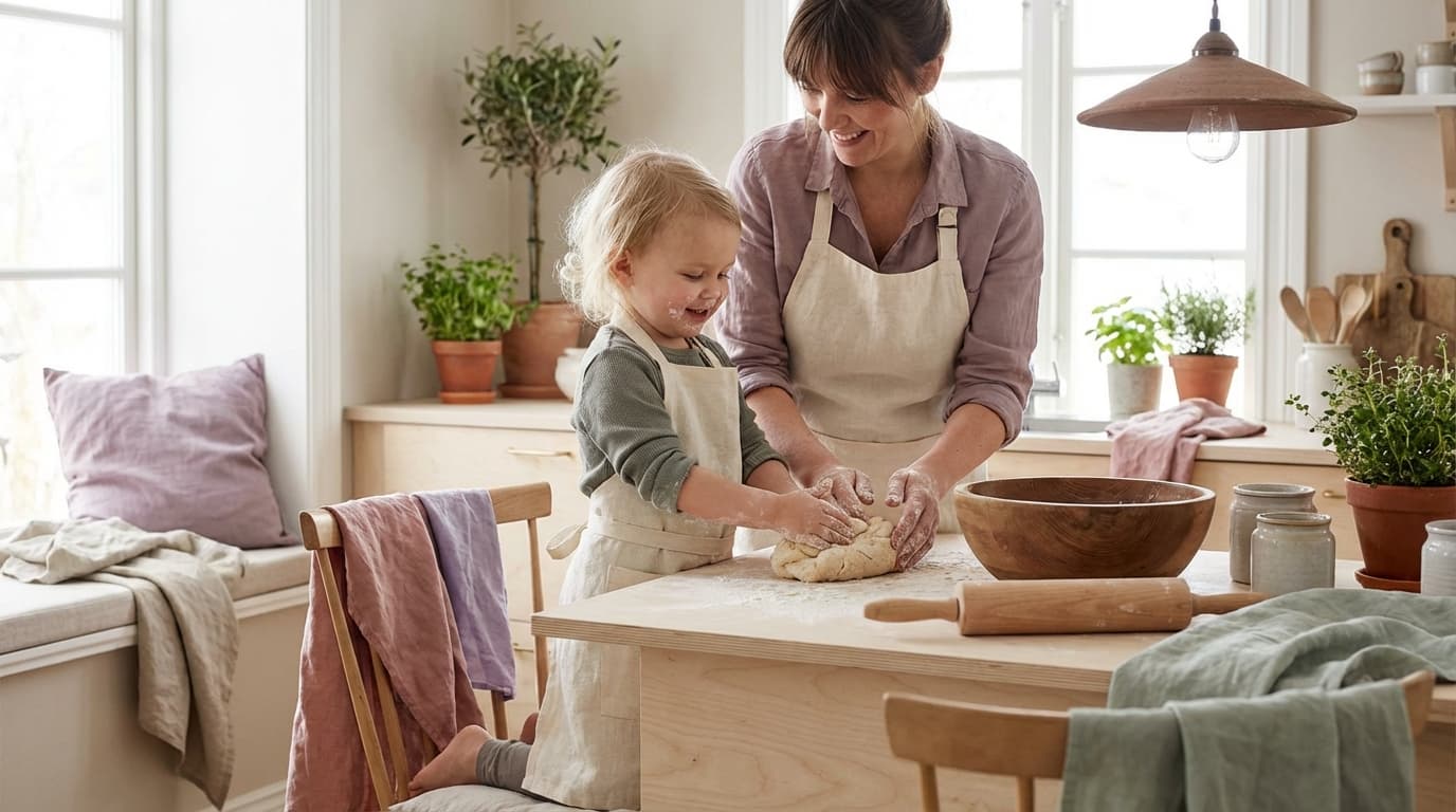 Småbarn som hjelper til med baking på et melbeskjent kjøkken