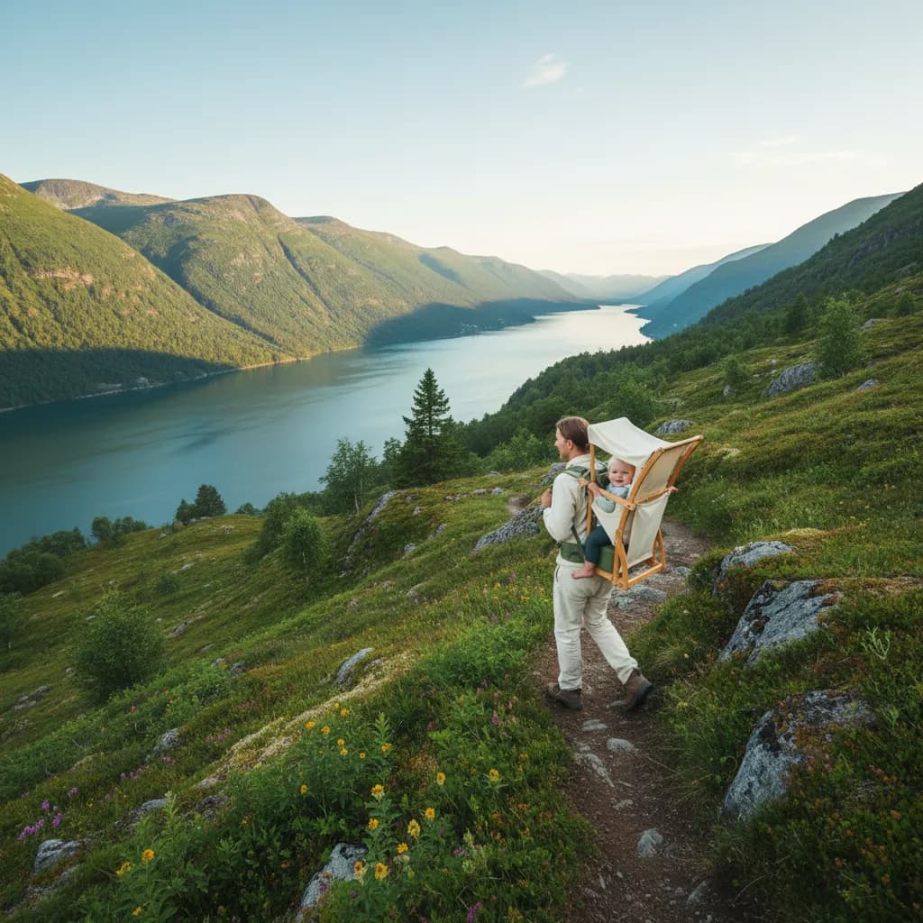 Forelder med baby i bæremeis på fjelltur i norsk natur