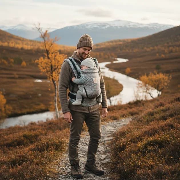 Forelder som bærer baby i ergonomisk bæresele