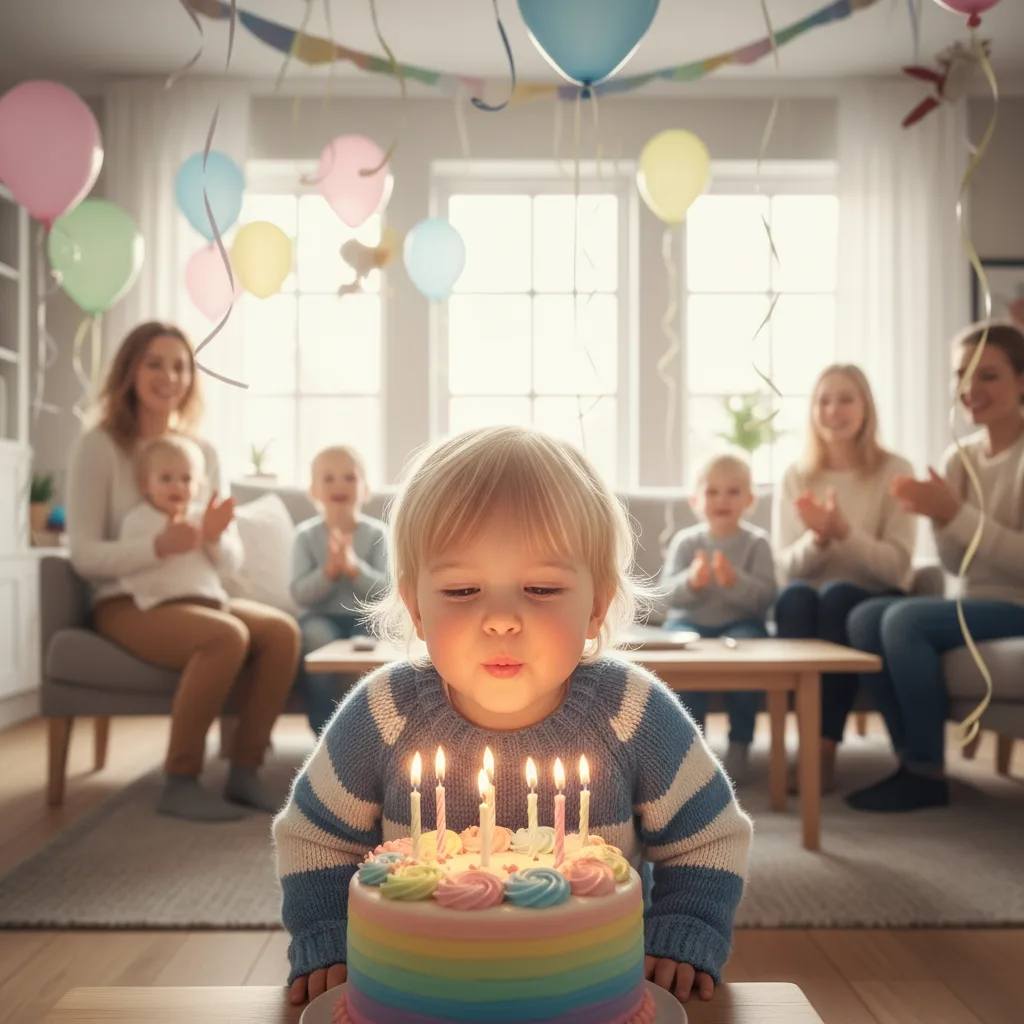 Treåring som blåser ut lys på bursdagskake omgitt av ballonger og venner