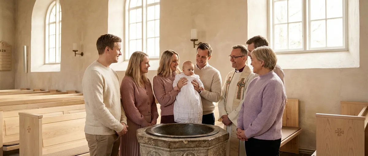Vakker barnedåp i norsk kirke med familie samlet rundt døpefonten