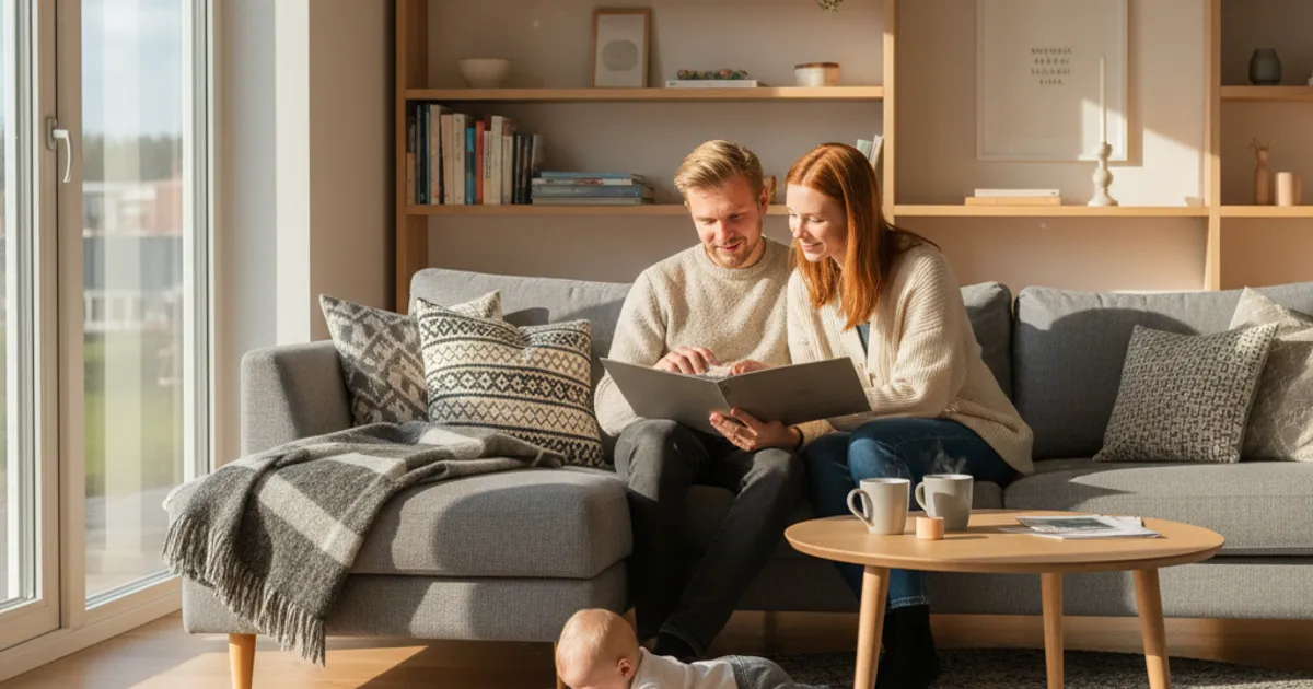 Norsk familie med lite barn som planlegger forsikring ved kjøkkenbordet
