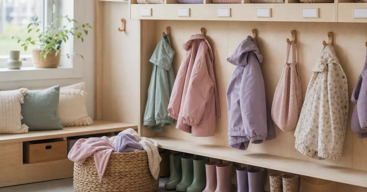 Barnehagegarderobe med merkede klær og en full skiftetøykurv