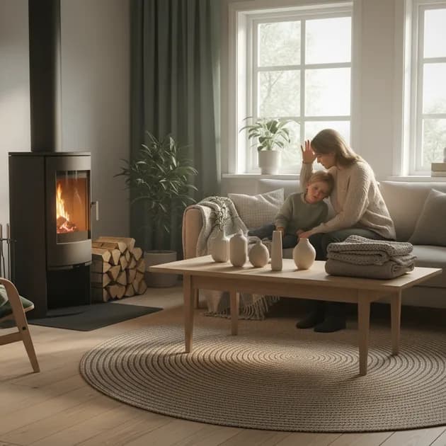 Forelder trøster sykt barn hjemme