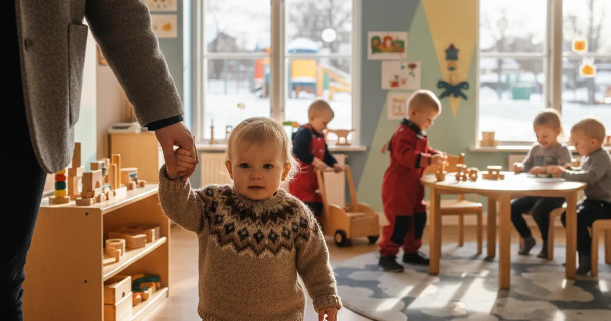 Forelder som følger småbarn inn i en fargerik norsk barnehage
