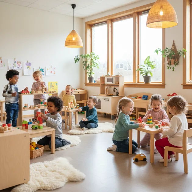 Barn leker i norsk barnehage med fargerike leker