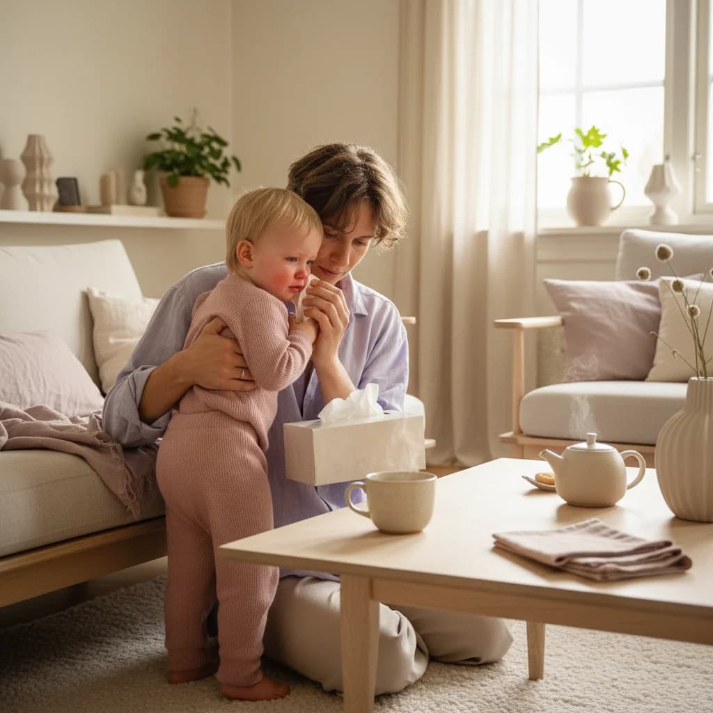 Lite barn med rennende nese som holder i kosedyret sitt hjemme