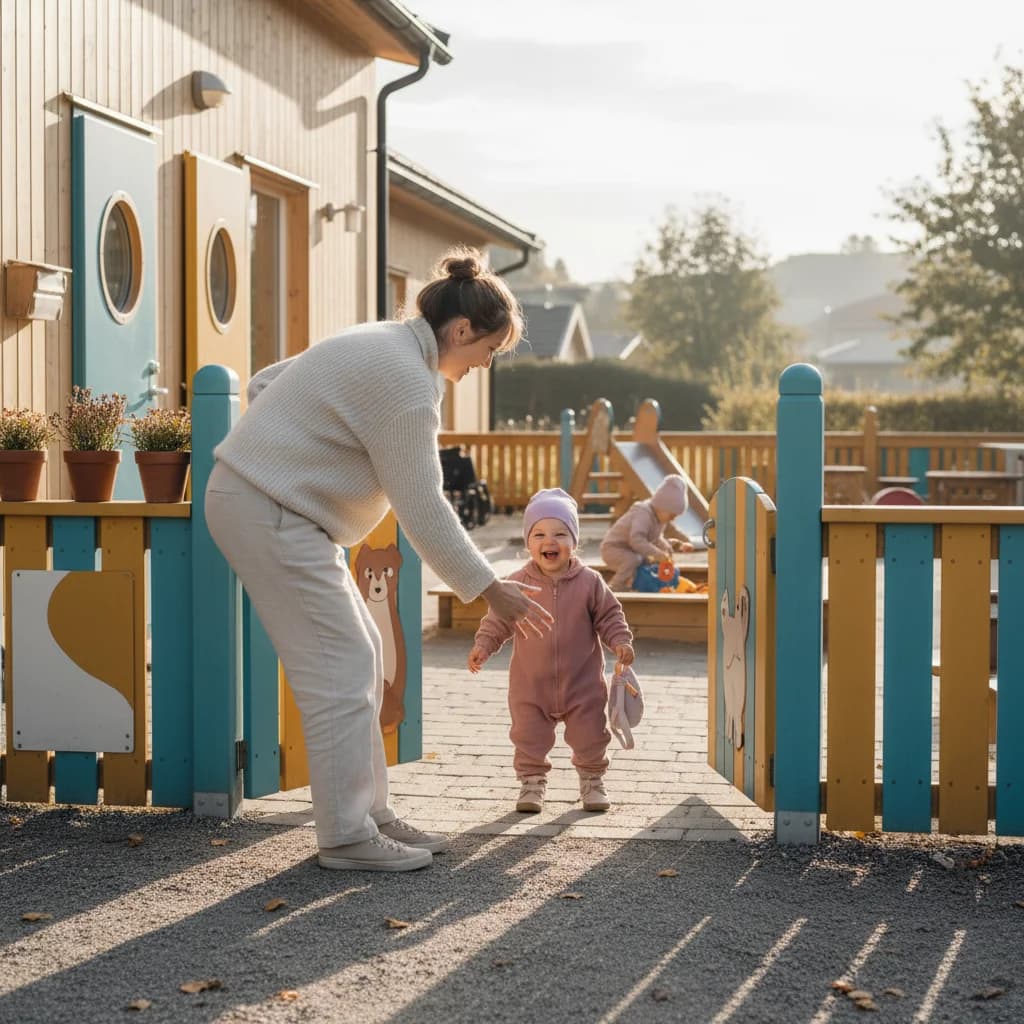 Barn som leker i en fargerik norsk barnehage med pedagoger i bakgrunnen