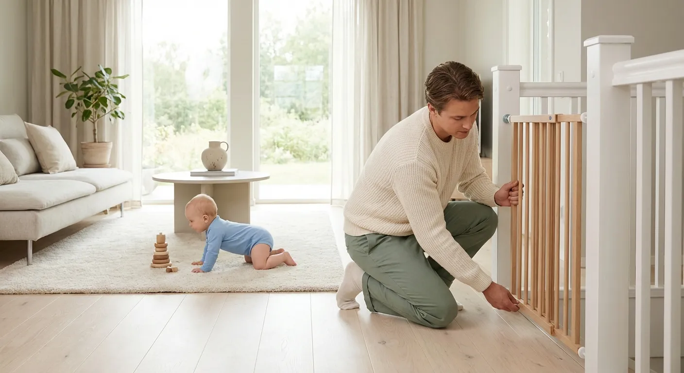 Forelder som sikrer stikkontakter mens baby krabber på gulvet i stue