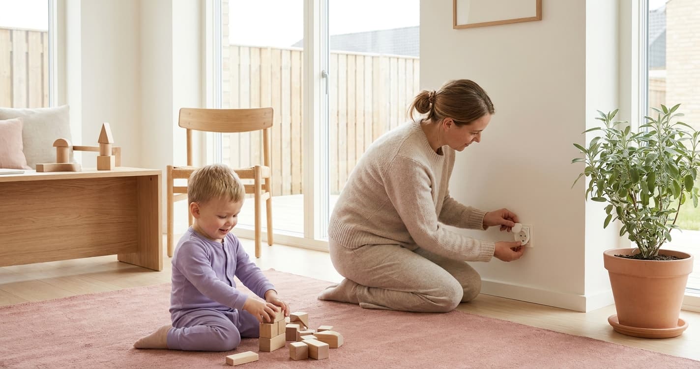 Mor barnesikrer stikkontakt mens toåring leker trygt på gulvet