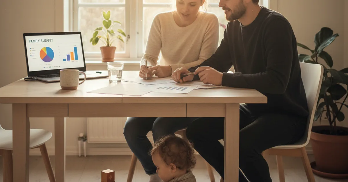 Norsk familie med barn som ser på økonomi og papirer ved kjøkkenbordet