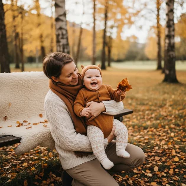 Forelder holder en frisk og glad baby utendørs i norsk natur