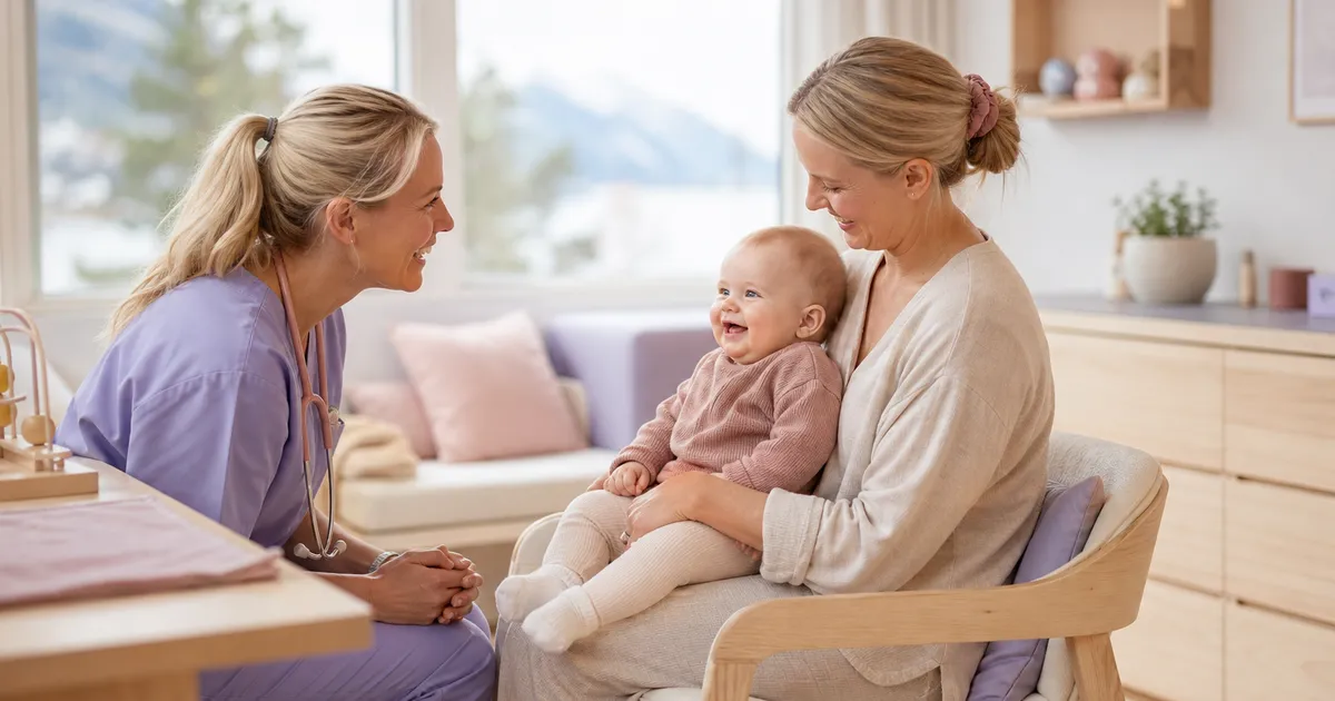 Rolig baby på helsestasjonen sammen med forelder og helsesykepleier i et lyst rom