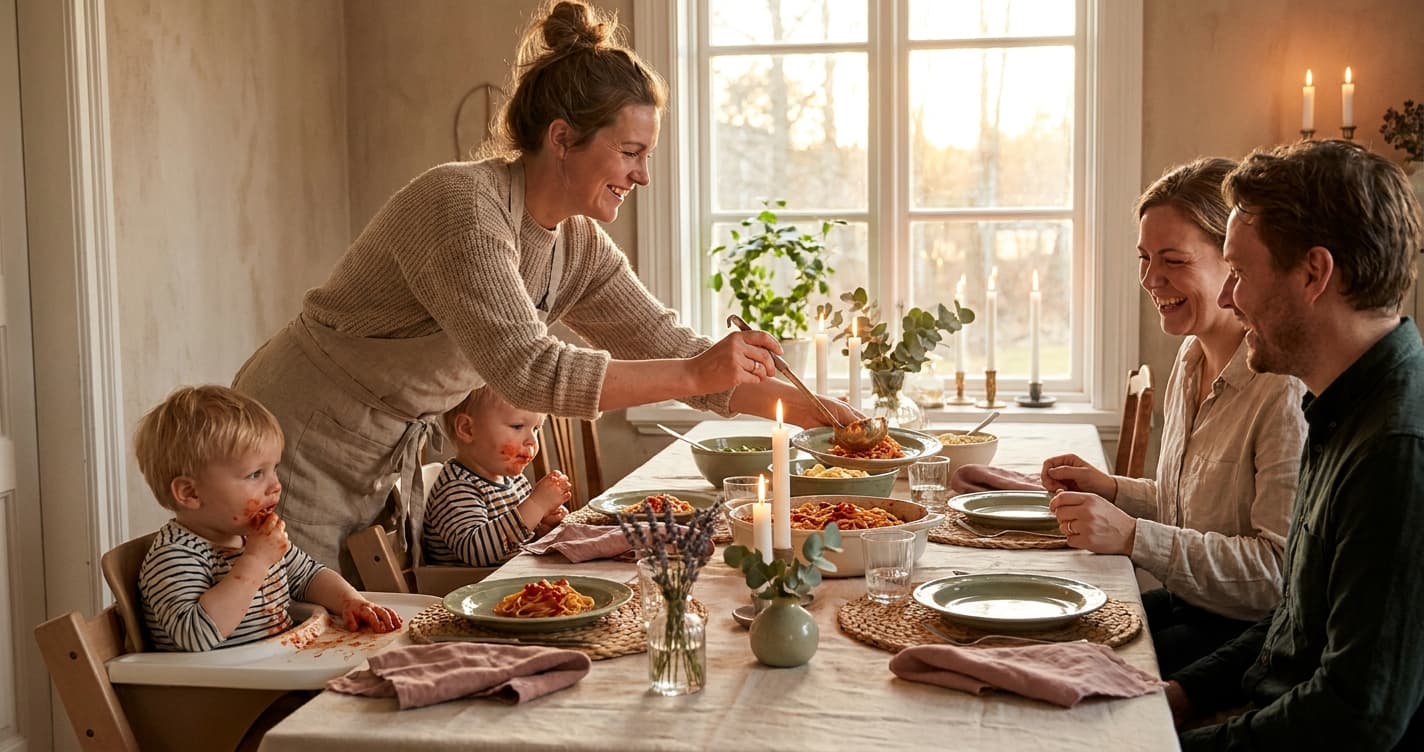 Vertinne serverer middag til familie med små barn rundt langbord