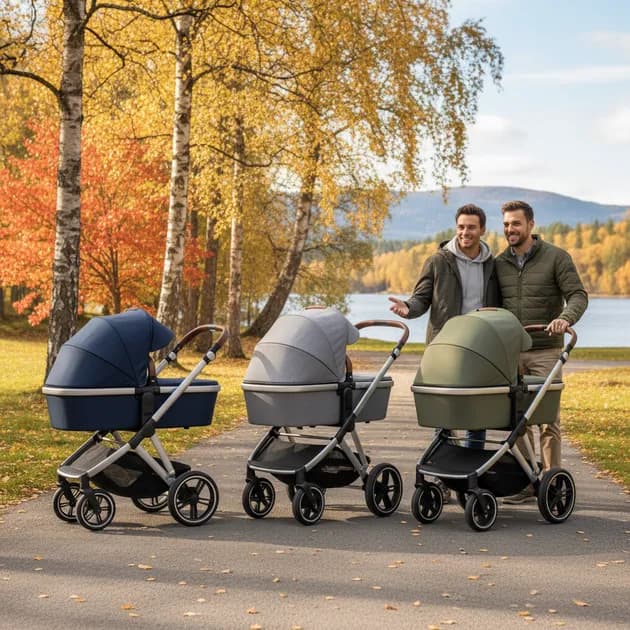 Moderne barnevogner i ulike farger på rekke i en park