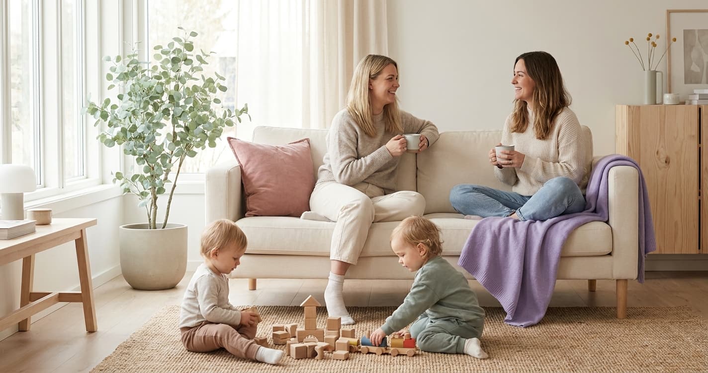 To mødre med hver sitt barn på lekedate i nordisk stue