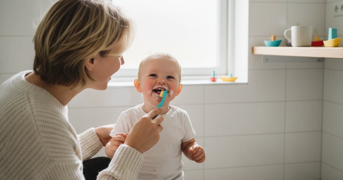 Forelder som pusser tenner på smilende småbarn i badet