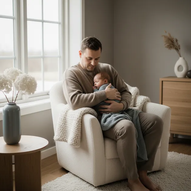 Far som sitter tenksomt med en sovende baby på brystet i dempet lys