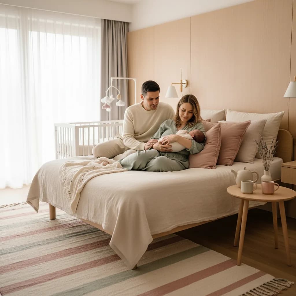 Nybakte foreldre med nyfødt baby i et rolig, hotellignende rom på barselhotell